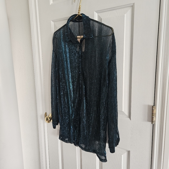 NWT SHEIN Bae Drop Shoulder Glitter See Through Mesh Button Front Shirt - Picture 2 of 14